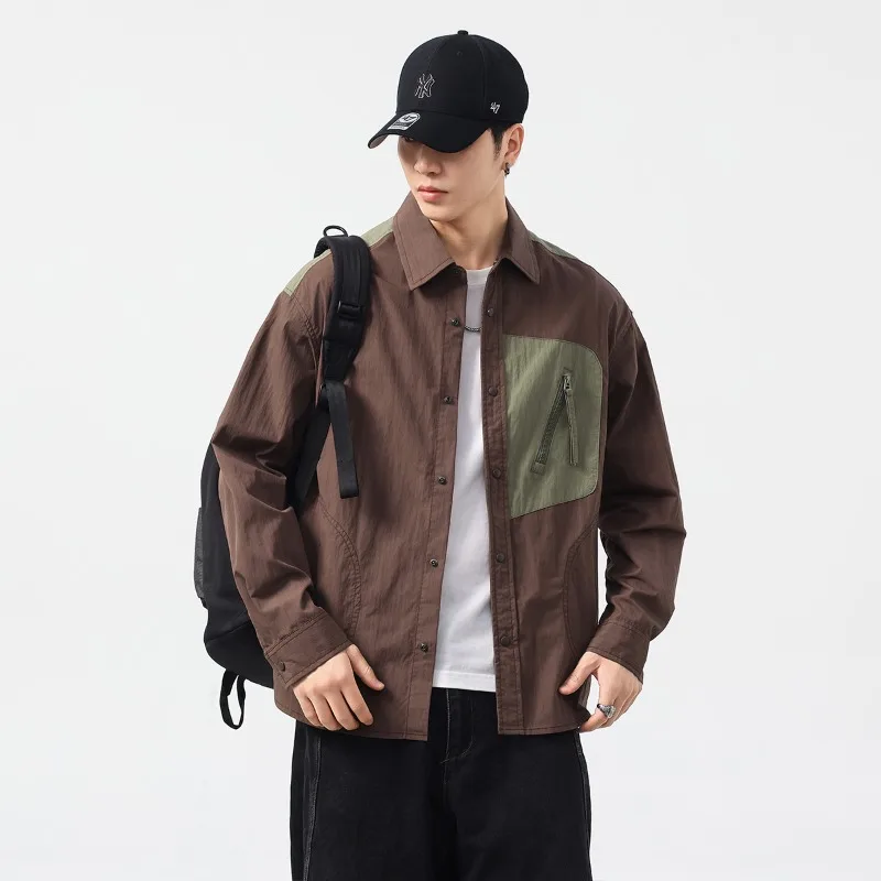 

Men Long Sleeve Splice Fashion Loose Casual Techwear Outdoor Cargo Shirt Cityboy Streetwear Plus Size Blouses Shirts