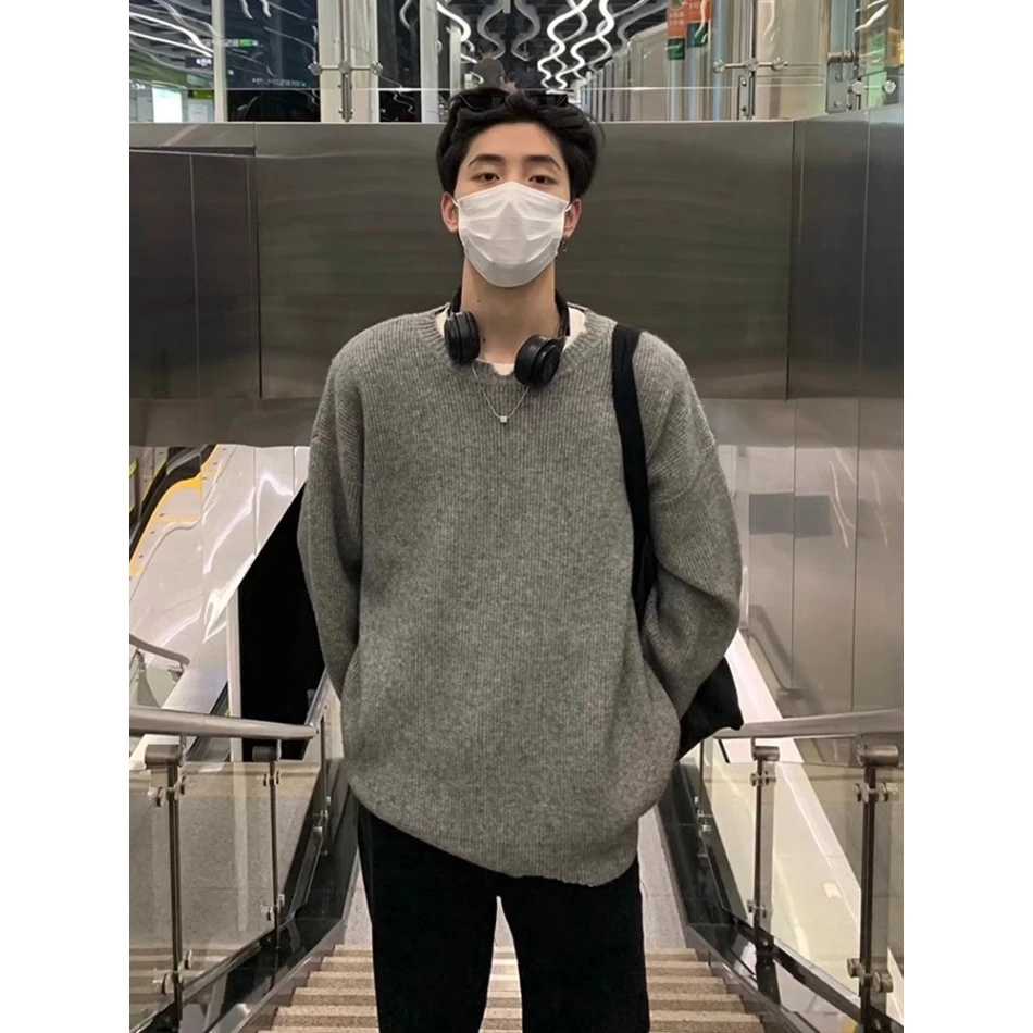 

Мужской вязаный свитер в американском стиле, винтажный, с эффектом потертости, свободного кроя, осенне-зимний, универсальный, однотонный, из чистого хлопка