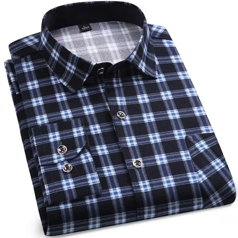 2024 Spring Men\'s Long Sleeve Plaid Striped Casual Shirt Front Patch Chest Pocket Regular-fit Work Shirts Male Flannel Shirt 4XL