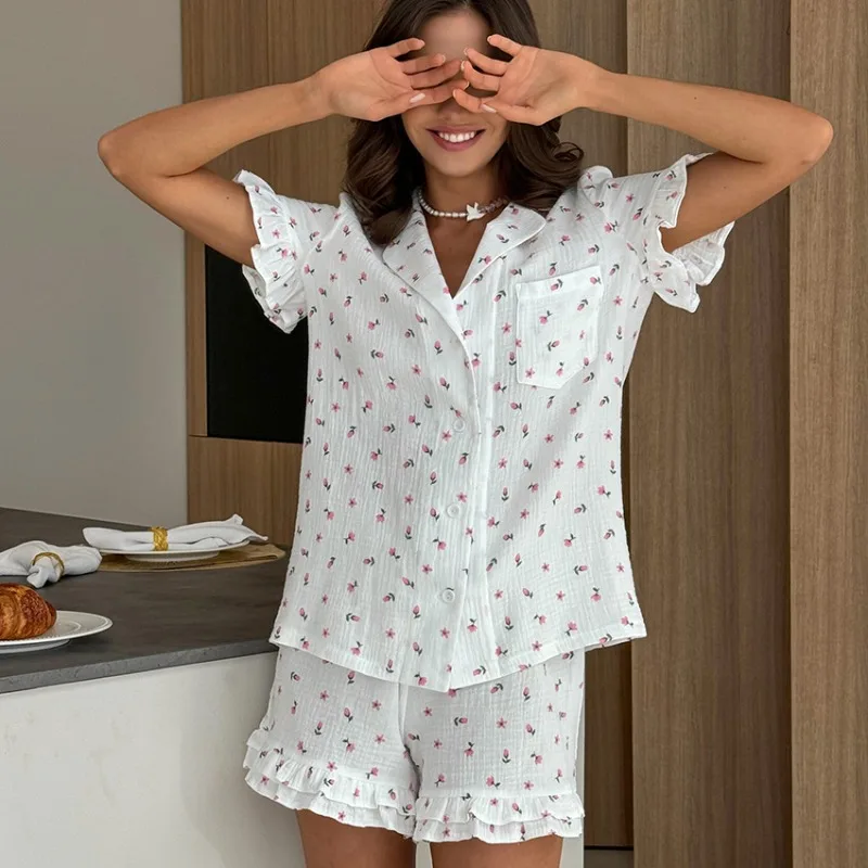 2026 Cotton Pajama Set Women Breathable Soft Sleepwear Short Sleeve Ruffle Hem Tops Shorts Summer Floral Printed Loungewear
