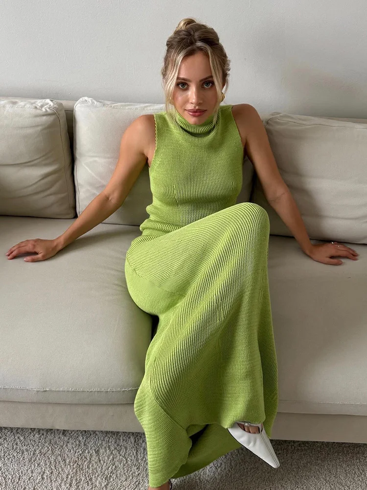 Elegant lime Color Ins Women's Two Piece Summer Sexy Knit Sleeveless High Neck Top Long Skirt Sets Beach Swimsuit Cover Up A2863