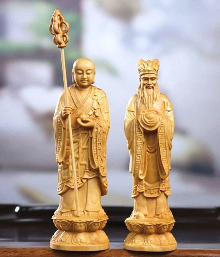 

2 Pcs 4" Boxwood Carved Ksitigarbha Buddha Defender Statue Shrine Buddhism Decor