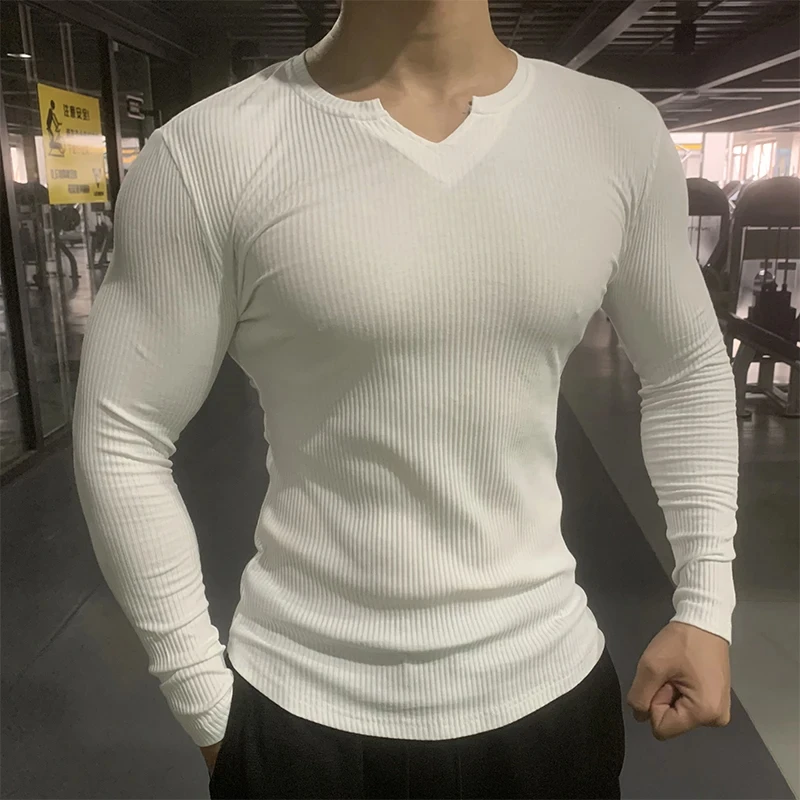 2024 Men\'s T-shirt sports long sleeved striped solid V-neck tight elastic running shirt.