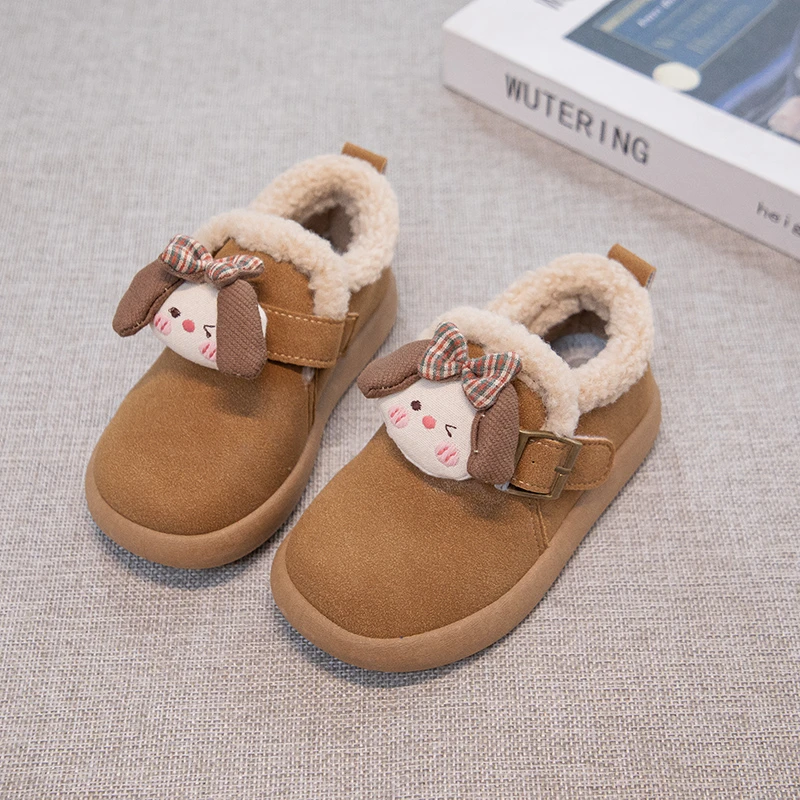 

Children Leather Shoes Cute Puppy Kids Flat Shoes Suede Warm Round Toes 2025 Winter New Girls Casual Shoes Soft Bottom Non-slip