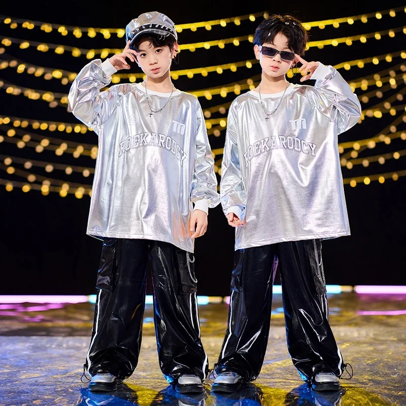 

Boys Hip Hop Dance Suit Silvery Dancing Competition Performance Wear Street Dance Clothing Kids Stage Loose Tops Pants XH2043