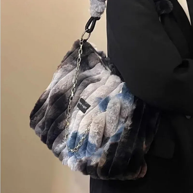 MBTI Tie-Dye Damen-Einkaufstasche, sportliche Plüschkette, Herbst- und Winter-Shopper-Umhängetasche, flauschige Damenhandtasche mit großer Kapazität