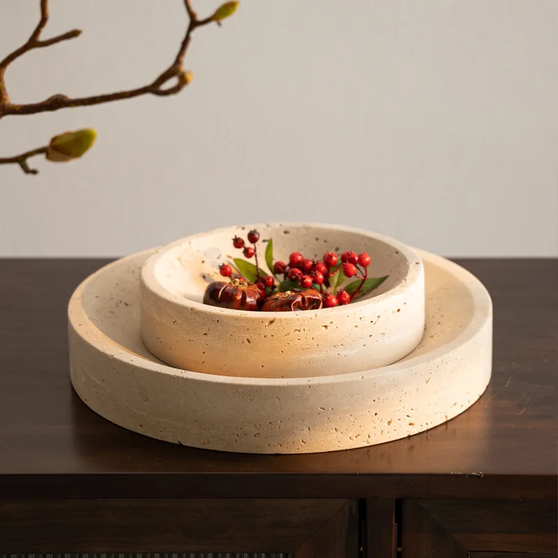 Handmade Travertine Fruit Bowl for Kitchen Counter Large Decorative Tray Bowl for Home Decor Modern Serving Plate for Entryway