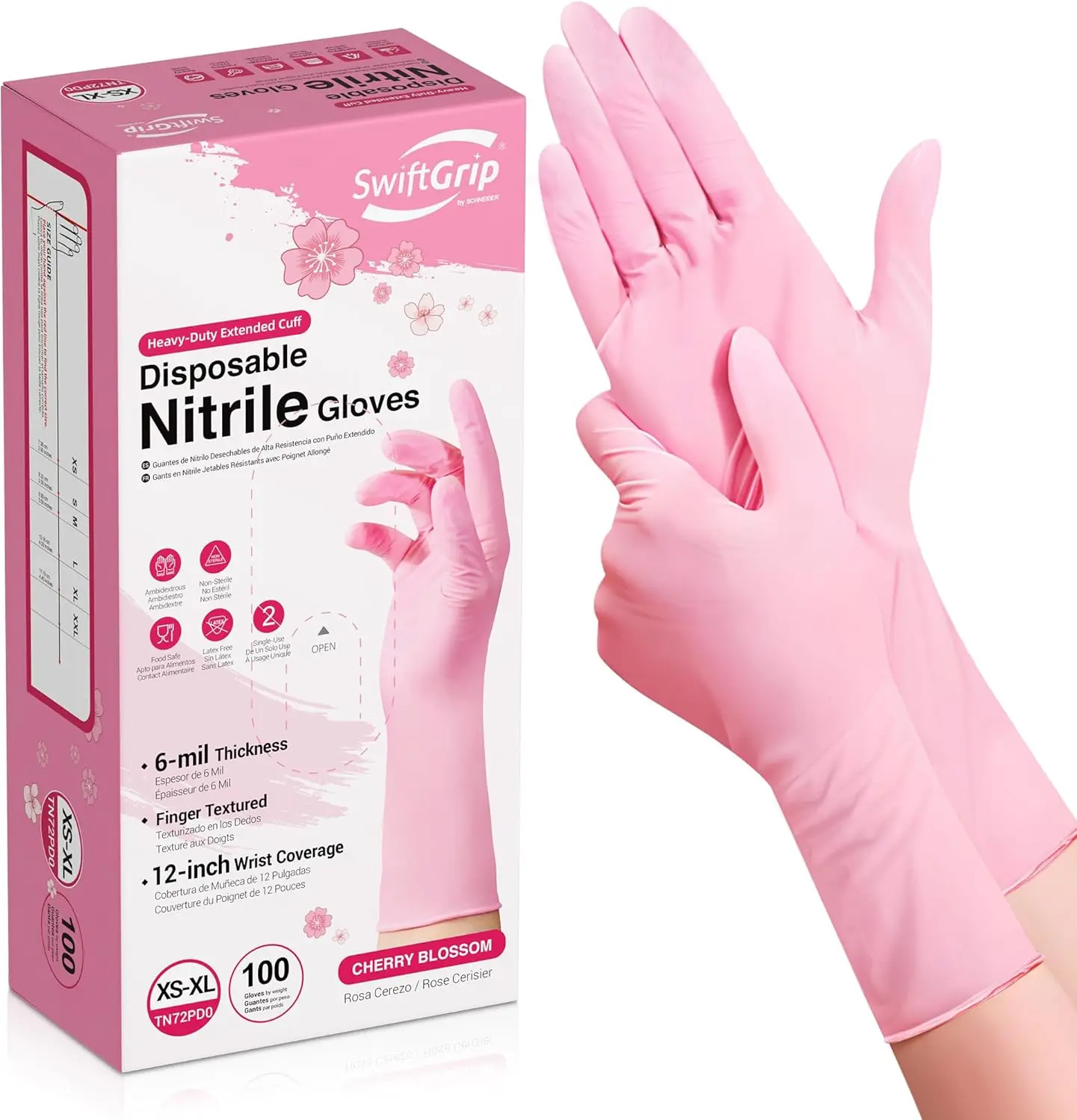 Extended Cuff Disposable Nitrile Gloves, 12 Inches, 6-mil Thick, Cherry Blossom Design, Latex-Free for Dishwashing and Cleaning