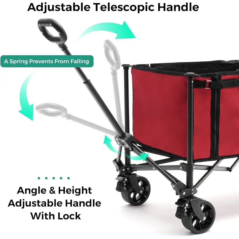 รถเข็นพับได้ รับน้ำหนักได้ 220 ปอนด์ ดีไซน์ไร้ขอบ สำหรับขนของชำ ทำสวน และตั้งแคมป์ สีแดง