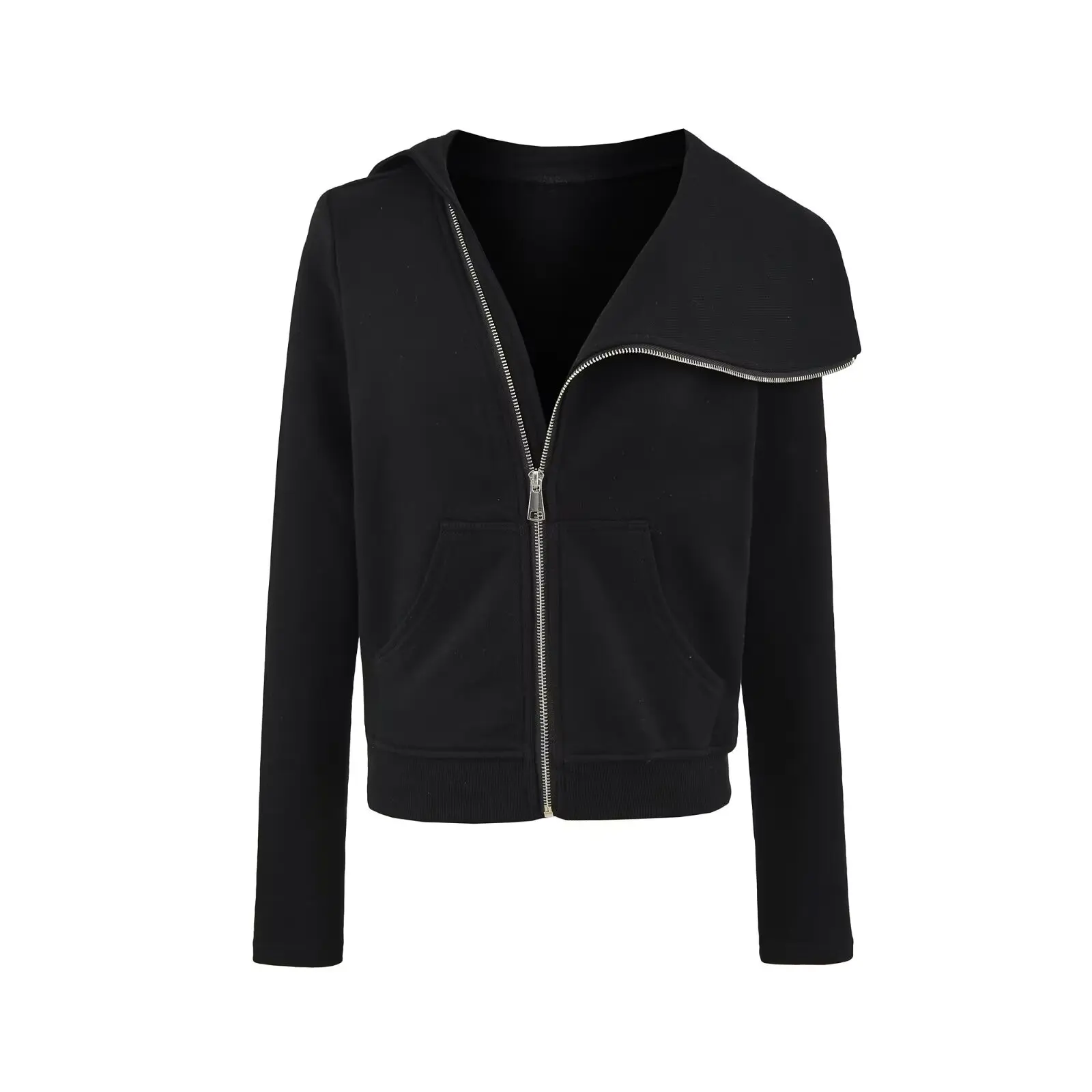 Bluza z kapturem na zamek, nieregularny krój, dopasowany kardigan damski, długi rękaw, bawełniana bluza dresowa, modna na dojazdy do pracy.