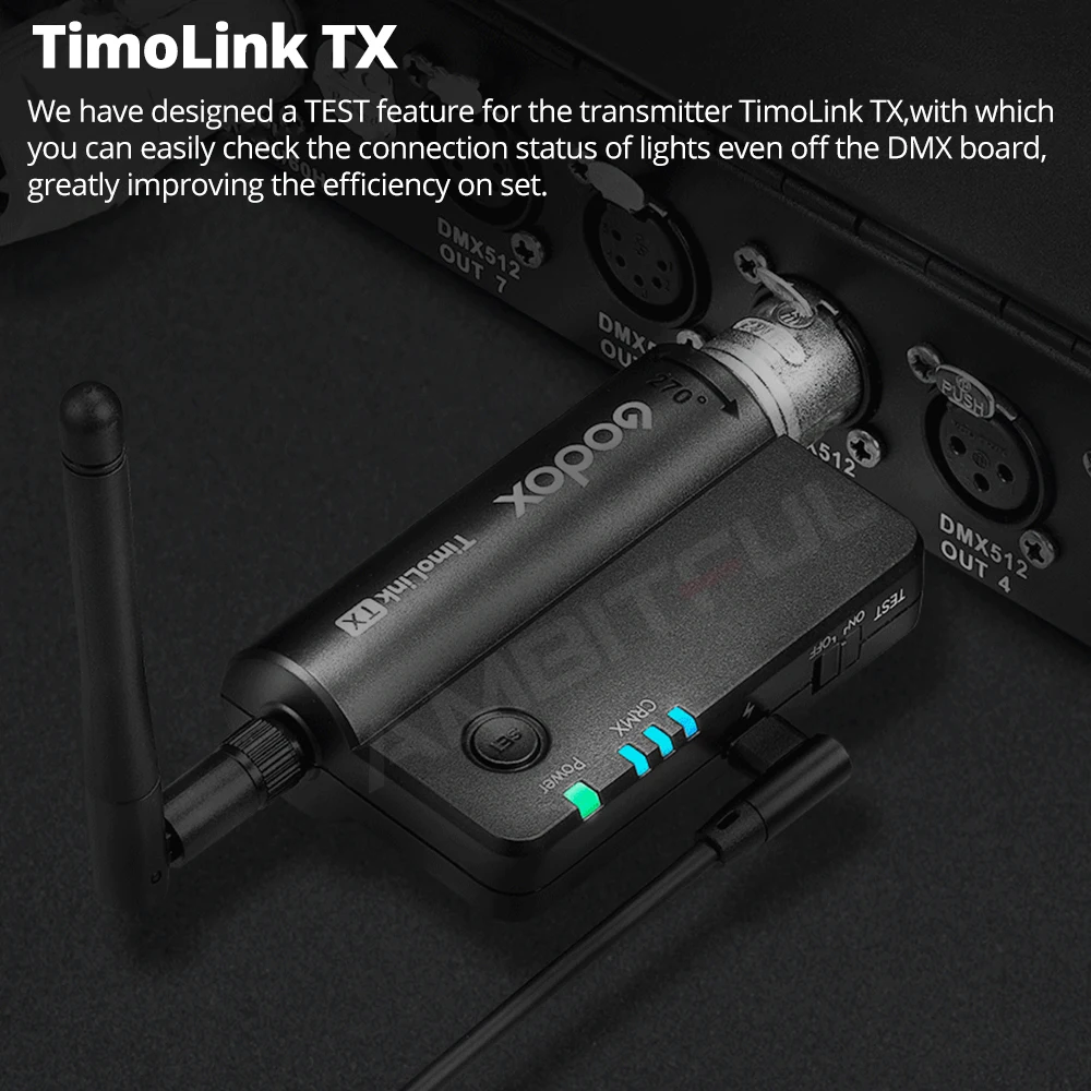 Godox TimoLink TX RX Wireless DMX Transmitter Receiver Set Automatic Frequency Hopping Built-in CRMX Lumenradio