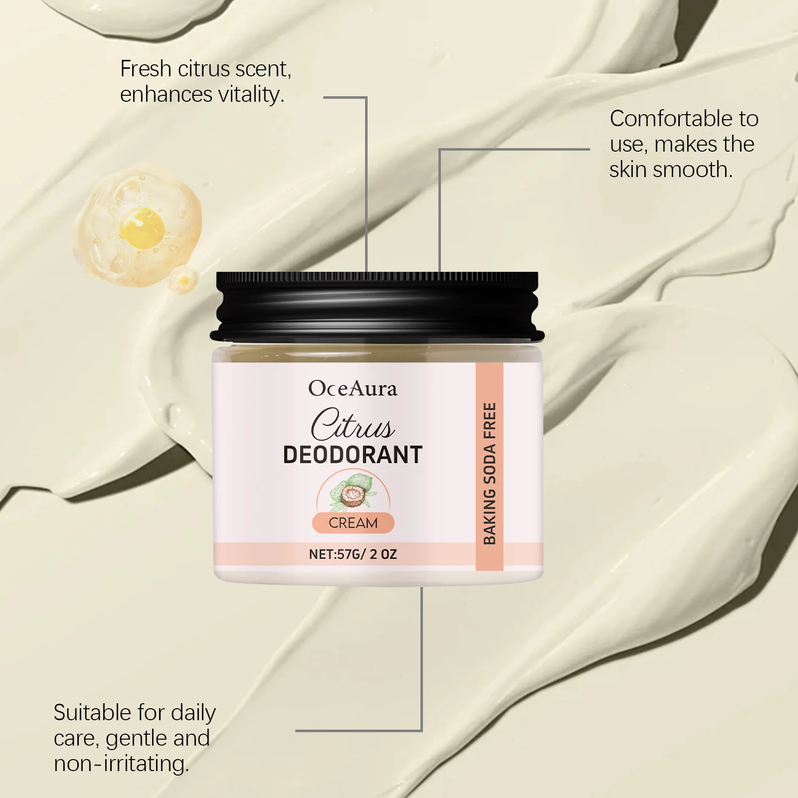 Zitrus-Deodorant-Creme, Achselstich, unangenehmer Geruch, Schweißabsorption, Ölkontrolle, Frische, feuchtigkeitsspendend, pflegend für die Haut