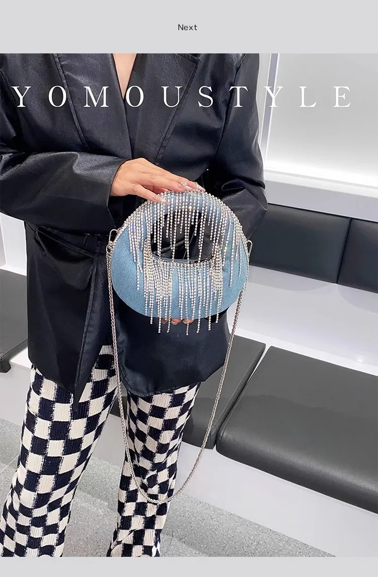 Fashion Blue Denim Hobo Bag Women\'s Handbag Luxury Glitter Diamond Tassel Evening Bag Wedding Party Clutch Purse Shoulder Bag