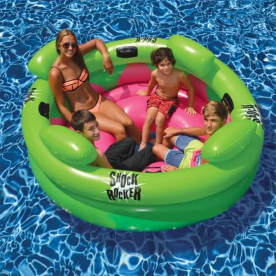 Inflatable Island Pool Lounger for multi-person use PVC green and pink shock-rocker style with backrest and armrests 75-inch la