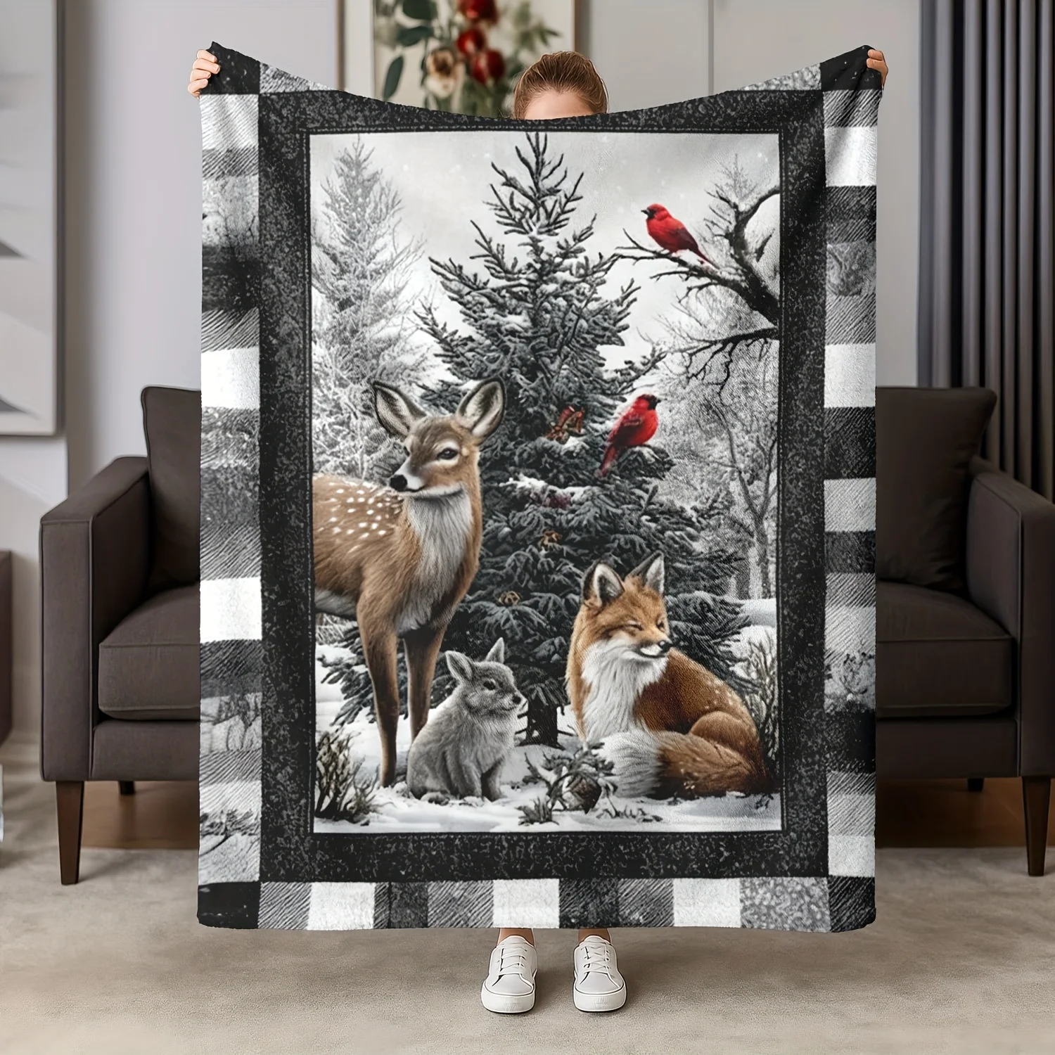 Deer Mother Fawn Snow Scene Tender Flannel Blanket for Nature Lover Bedroom Decor Lightweight Plush Throw Blanket Cover