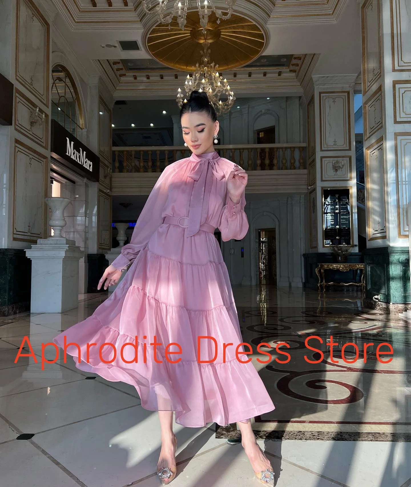 تخصيص أزرار الشيفون حساسة أشرطة حزام فساتين السهرة جودة عالية طويلة الأكمام فستان الحفلة الراقصة حجم مخصص جزء