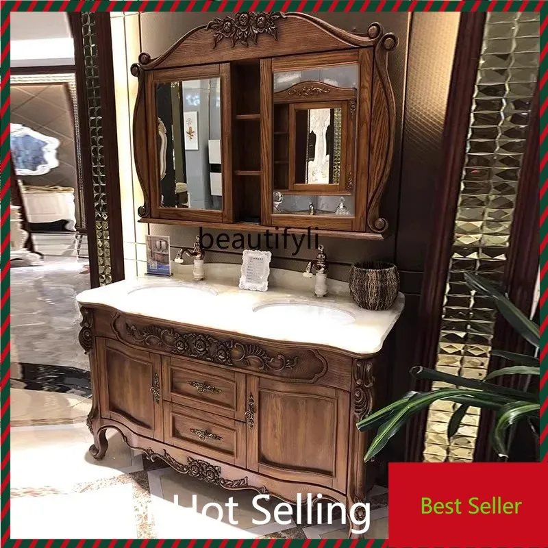 

M71 European bathroom cabinet double basin solid wood bathroom cabinet red oak antique washstand combination mirror cabinet