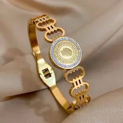 Fashion Rhinestone Coin Gold Plated Stainless Steel Bracelets Irregular Geometric Wide Cuff Bangle Bracelet Waterproof Jewelry