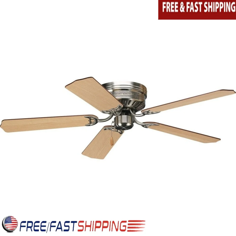 

52 Inch Indoor Hugger Ceiling Fan Brushed Nickel Finish 5 Reversible Blades Powerful 3 Speed Motor Year Round Comfort Canopy