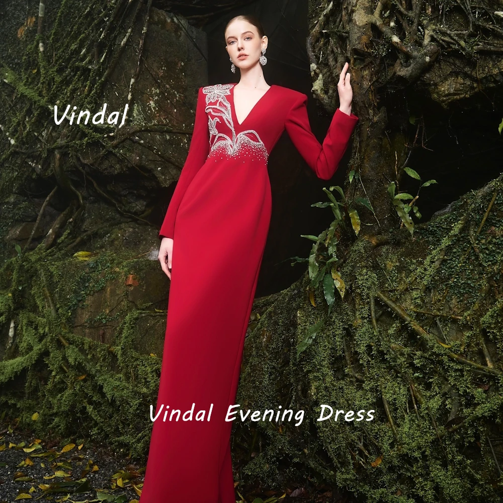 Vindal Crepe Floor length V-Neck luxurious Straight Fashion Beaded Breast Padding Elegant Long Sleeves السعود For Woman 2024