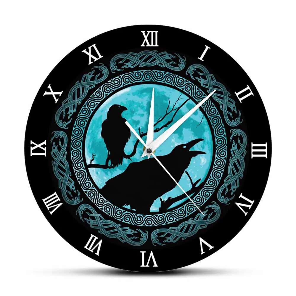 

Huginn and Muninn Midgard Ravens Viking Wall Clock With Roman Numerals Old Norse Mythology Home Decor Double Crows Wall Watch