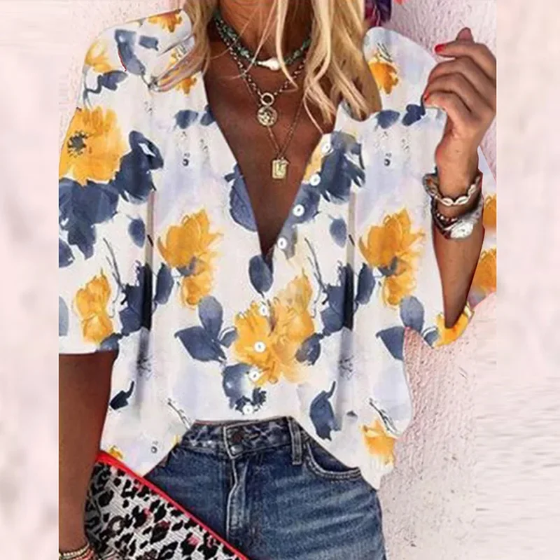 Camisa con estampado de flores para mujer, blusas informales con botones, blusas elegantes para primavera y verano, 2024