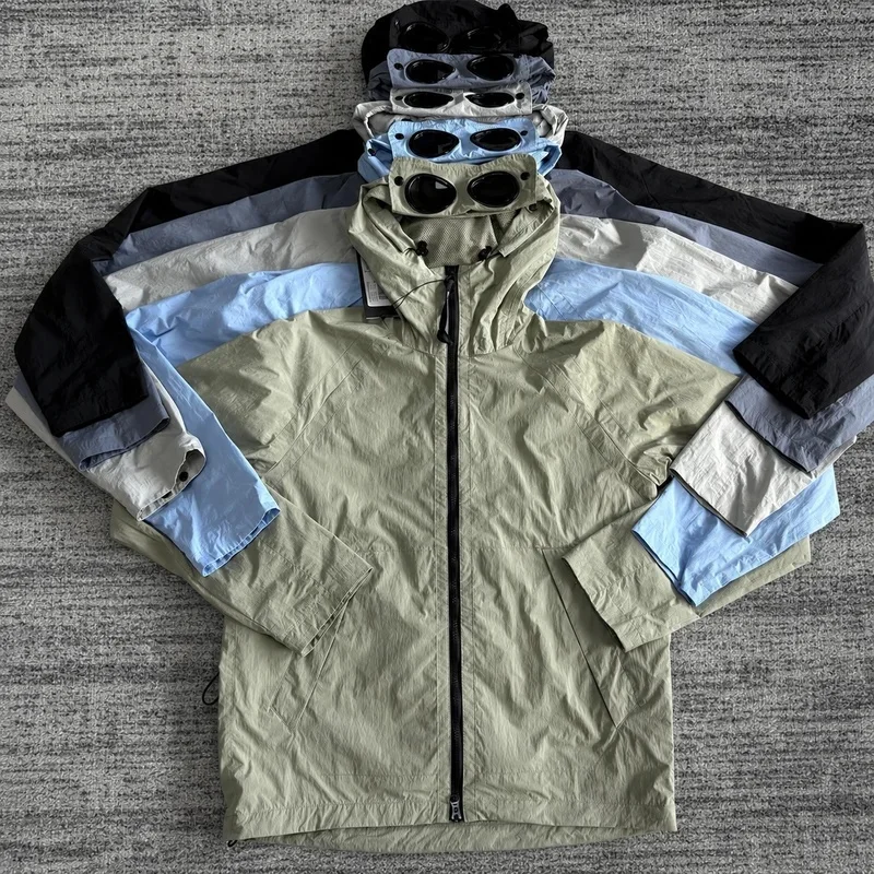 B&C Loose Fit Zip Up Nylon Hooded Jacket For Men Goggle Decor Waterproof Sunscreen Outdoor Streetwear Windbreaker Coat
