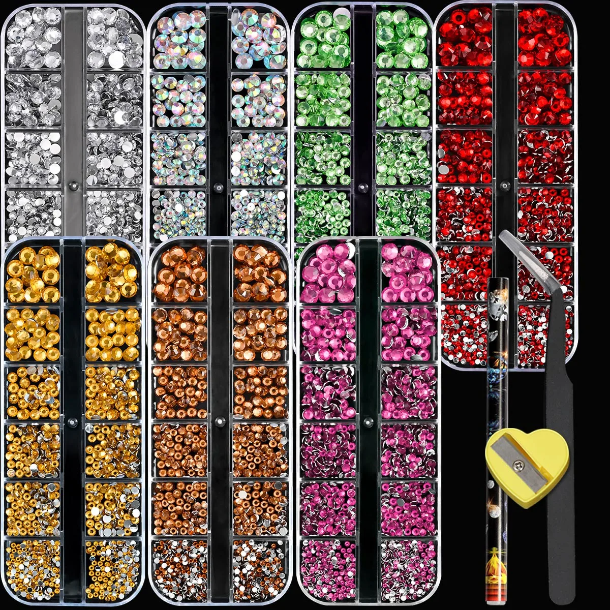 Paquete económico de diamantes de imitación de resina con parte posterior plana, 7 cajas, surtido de 12 estilos de varios tamaños (2-6 mm) para decoraciones artísticas de uñas DIY