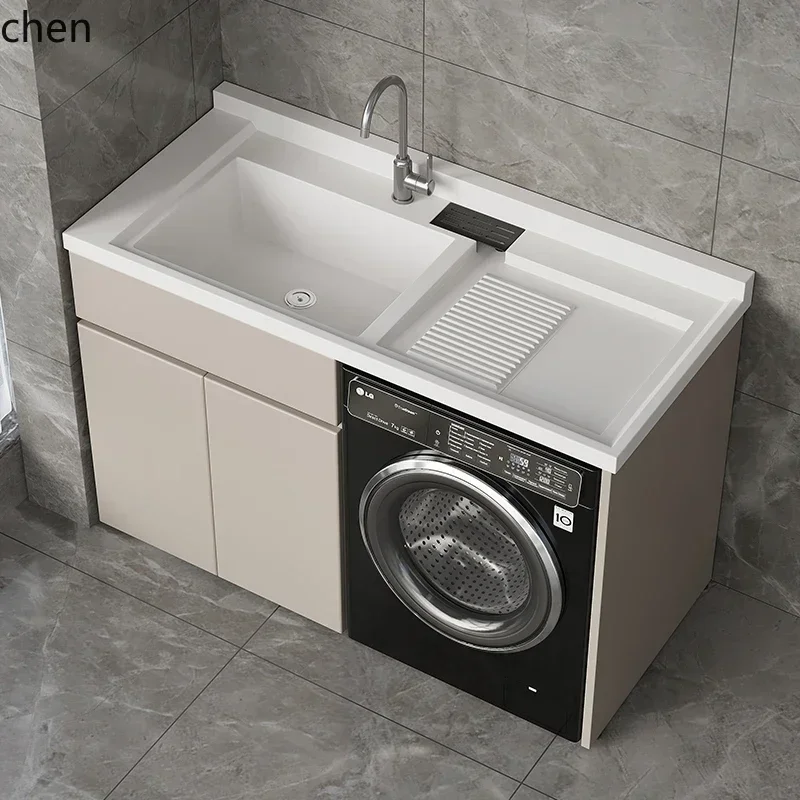 Balcony Cabinet Laundry Sink Double Drain Basin with Washboard Integrated Full Aluminum Laundry Cabinet