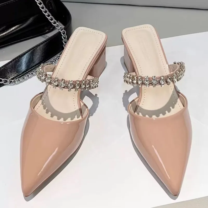Crystal One Strap Block Heel Pointed Toe Slippers Autumn New Shallow Mouth Anti-slip Wear-resistant Wrapped Toe Slippers