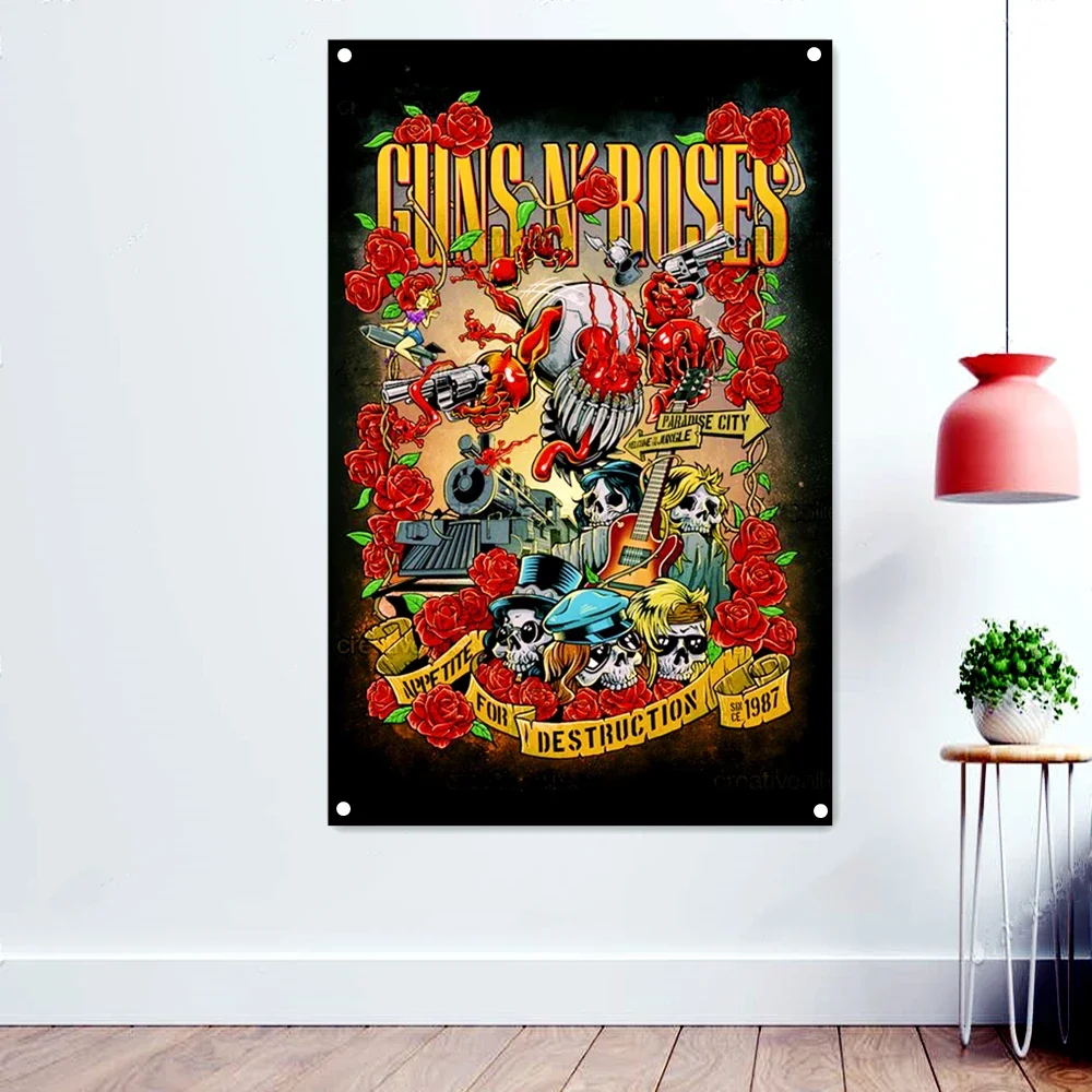 GUNS N' ROSES-Affiche de musique rock en métal, drapeaux d'icône de bande, tableau mural, crâne, tatouages, art conflicgrill, décoration murale