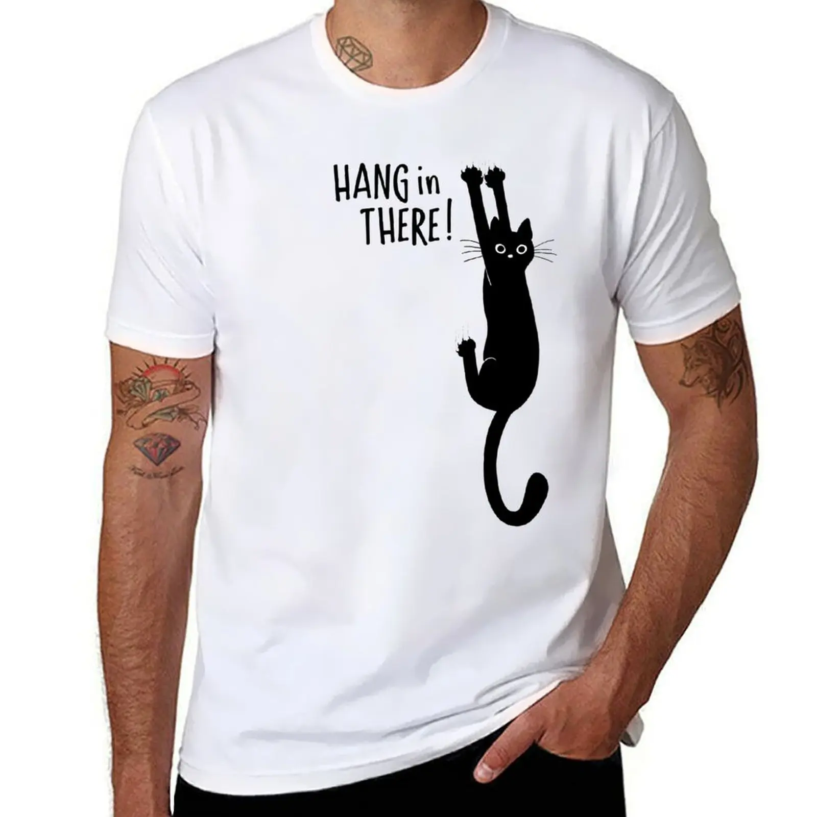 Funny Black Cat Hanging On - Hang in There! Humorous Kitty T-Shirt man t shirt cotton anime tshirt T-Shirt
