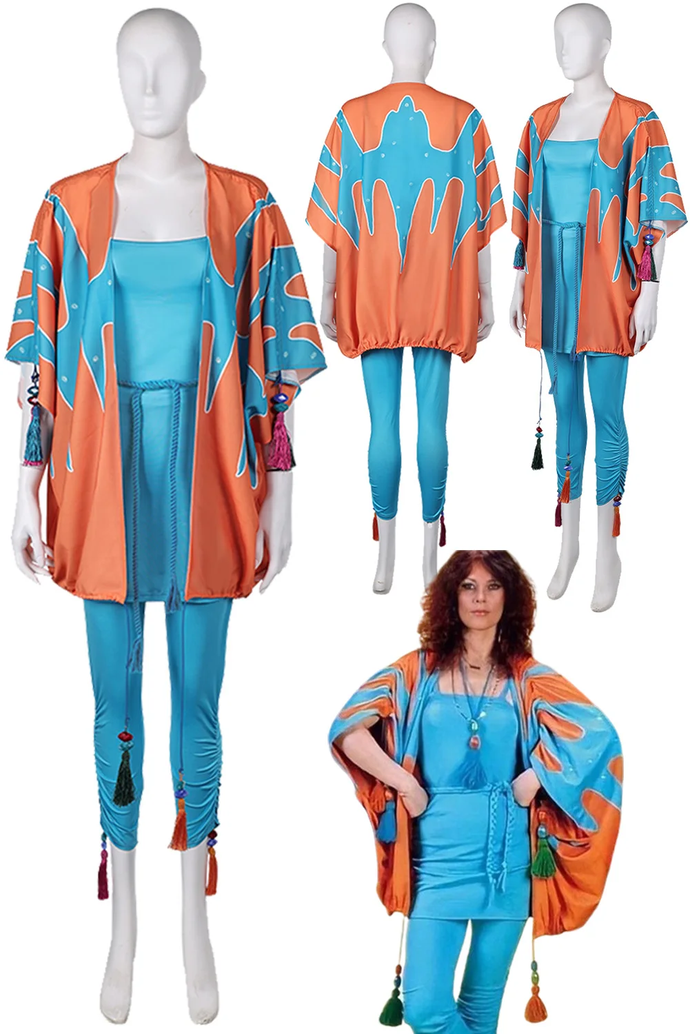 Anni-Frid Synni Lyngstad Women Dress Retro Cosplay Costumen Band Outfits For Adult Halloween Carnival Blue Orange Fantasia Suit