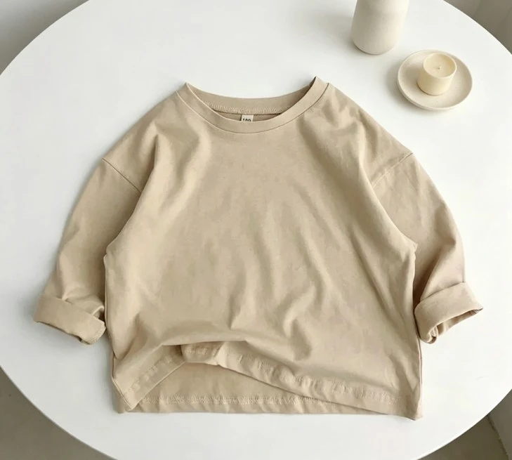 Kids Solid Color Long Sleeve T Shirt Neutral Tone Cotton Tops Soft Fabric Loose Fit Casual Tees For Toddler Wear Baby Kid Wear 3