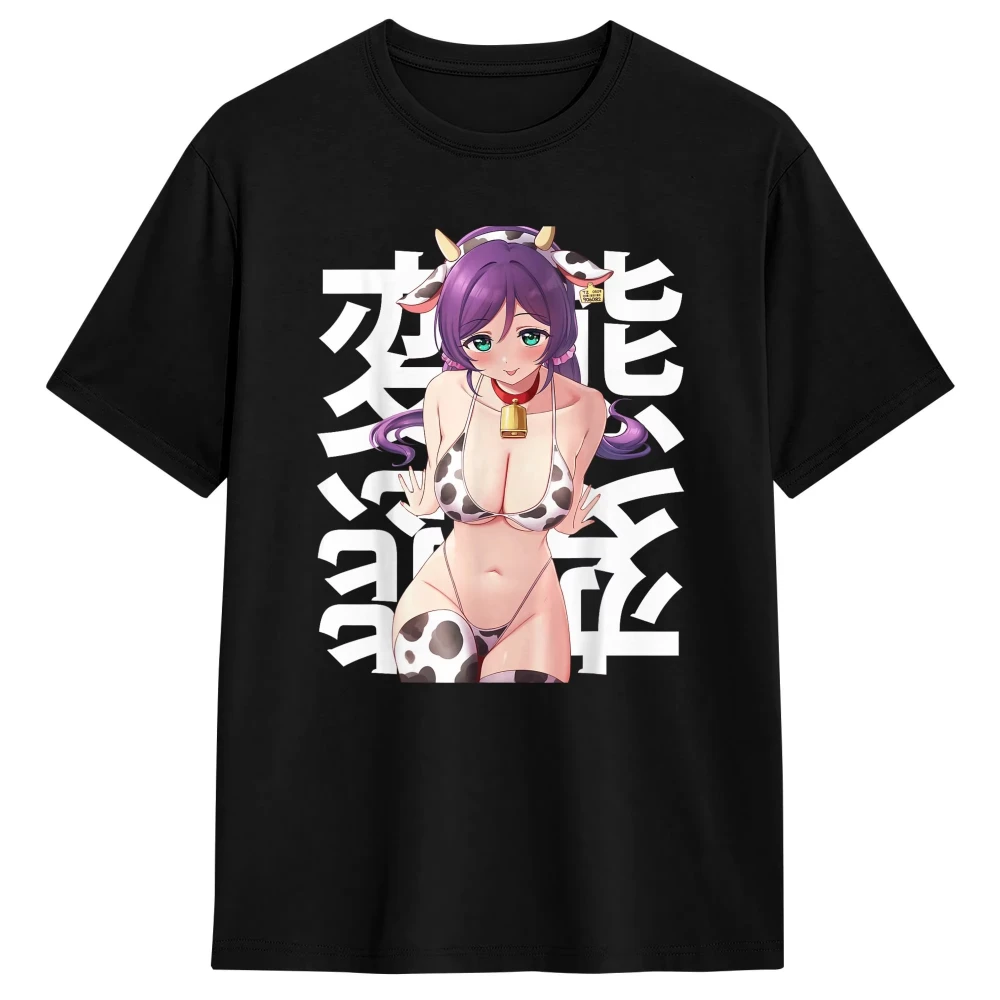 2026 Summer Purple Hair Anime Girl T-shirt Adult And Kids Cow Pattern Outfit Horn Graphic Short Sleeve Cotton Tee