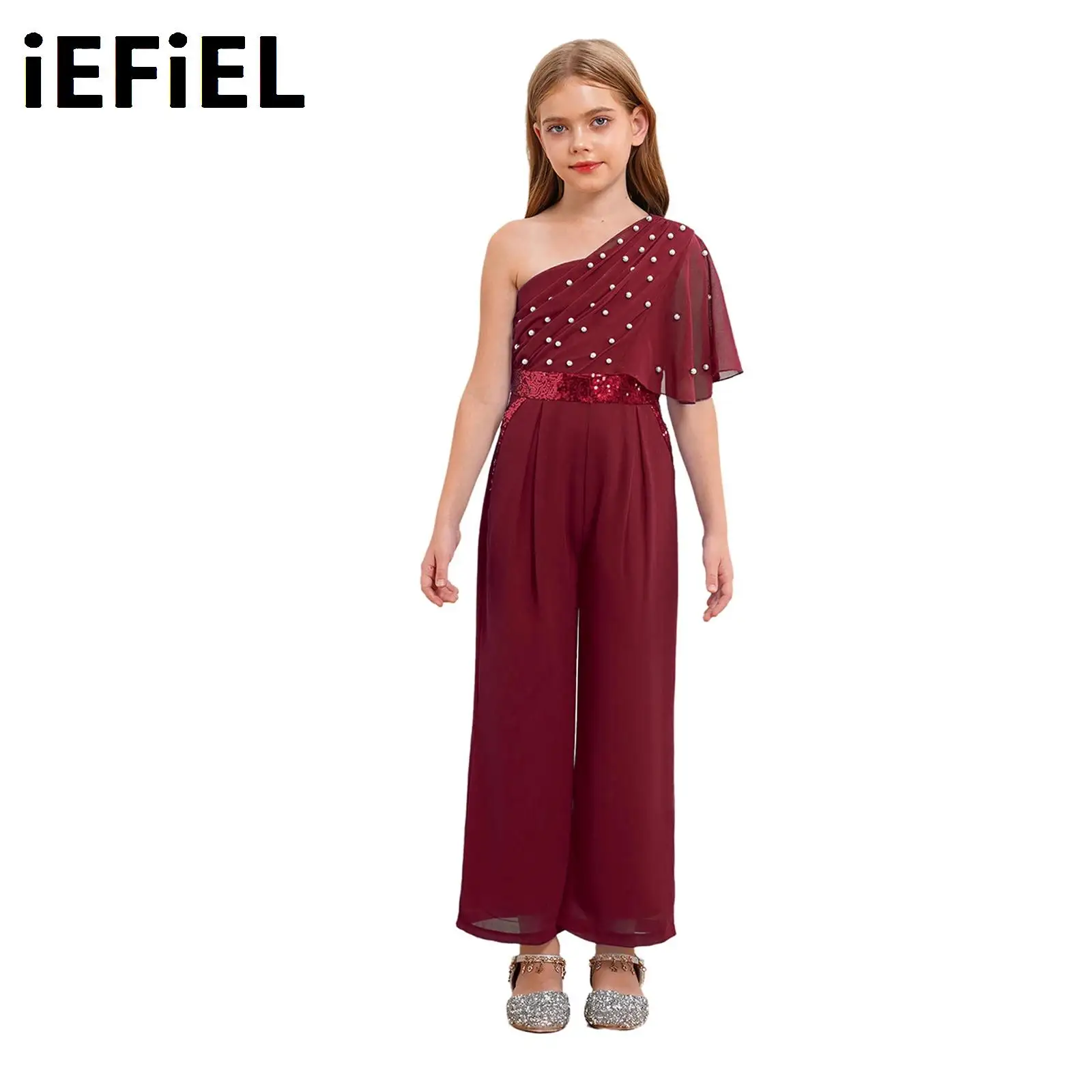 

Girls Wide Leg Party Jumpsuit One Shoulder Fake Pearls Sequin Embellished Ruffled High Waist Jumpsuit with Pockets for Wedding