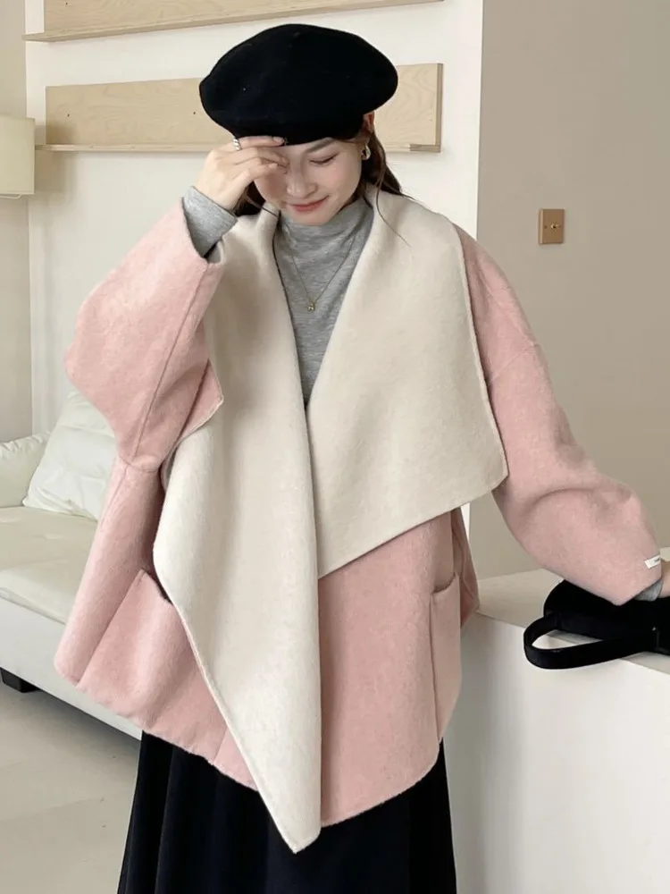 ZMEENNA Cappotto da donna elegante reversibile in misto lana con collo a scialle aperto sul davanti Capispalla invernale caldo oversize ZM3663