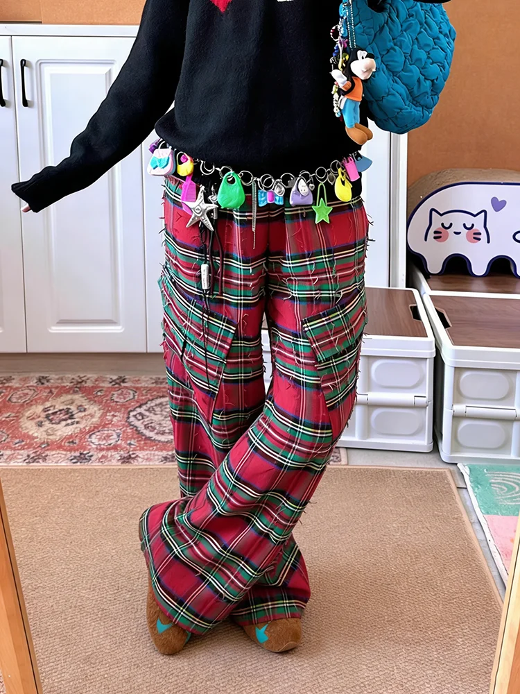 PBAP déchiré Plaid Cargo pantalon femmes bord brut bloc de couleur taille haute droite jambe large Baggy pantalon décontracté noël Vintage Streetwear