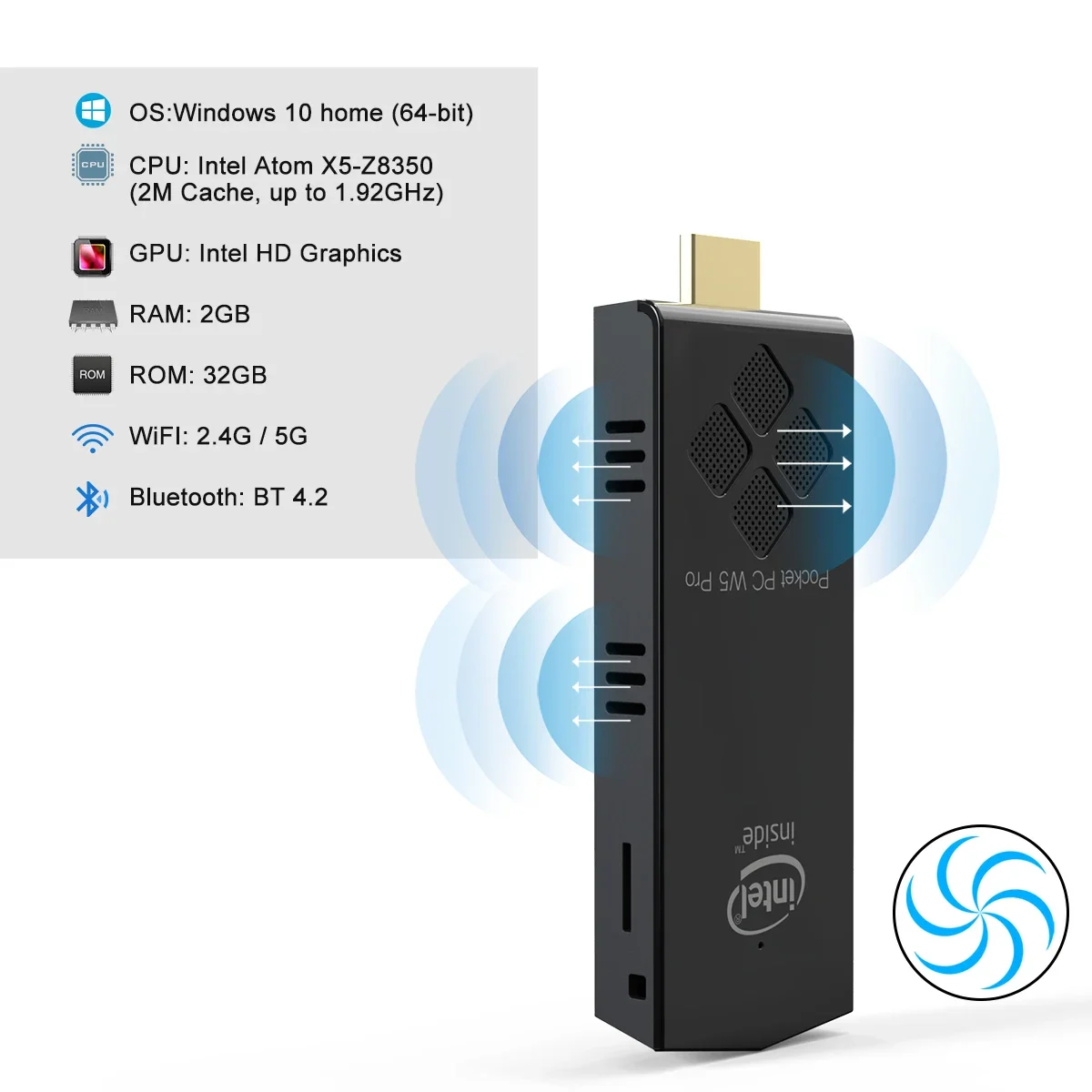 T5B Mini PC z systemem Windows 10, kieszonkowy komputer Intel Atom ®   x5-Z8350 4 GB DDR4 64 GB 5G WIFI MINIPC Compute Stick TV