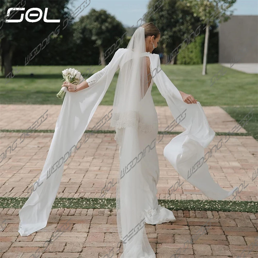 SOL-Robes de mariée en satin à col rond pour femmes, manches longues simples, élégantes, dos nu, patients sirène, quelle que soit la robe éducative