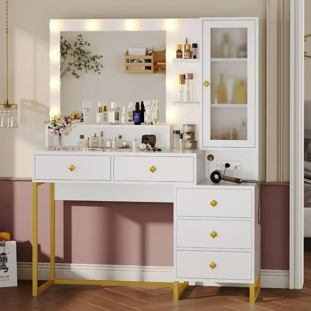 Makeup Vanity with Lights & Charging Station, Mirror and Lights, Makeup Table with 5 Drawers & Shelves, White and Gold