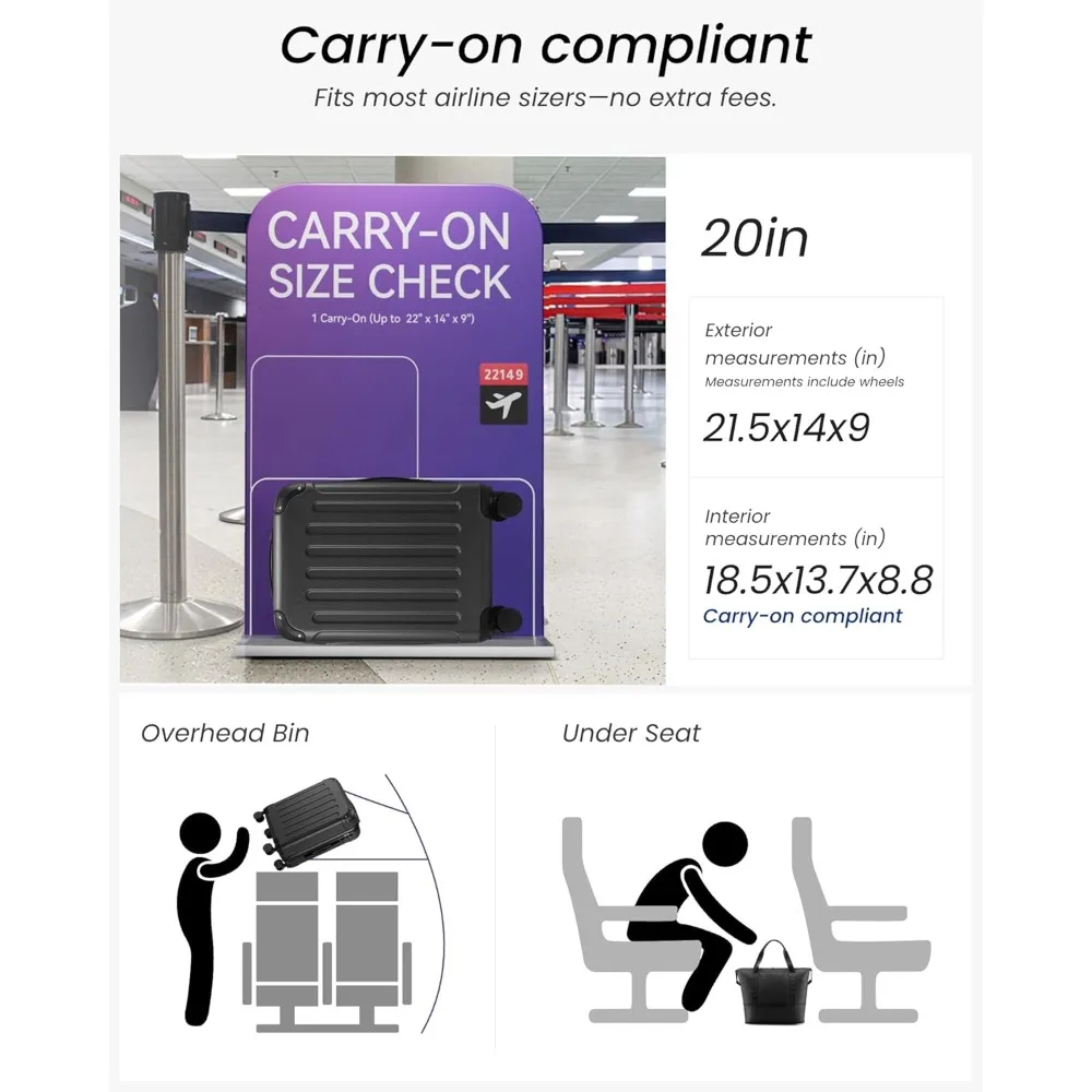 Схваленый авиакомпанией чемодан ручной клади 22x14x9 с твердой поверхностью и колесами, замком TSA, большая сумка, черный дорожный чемодан