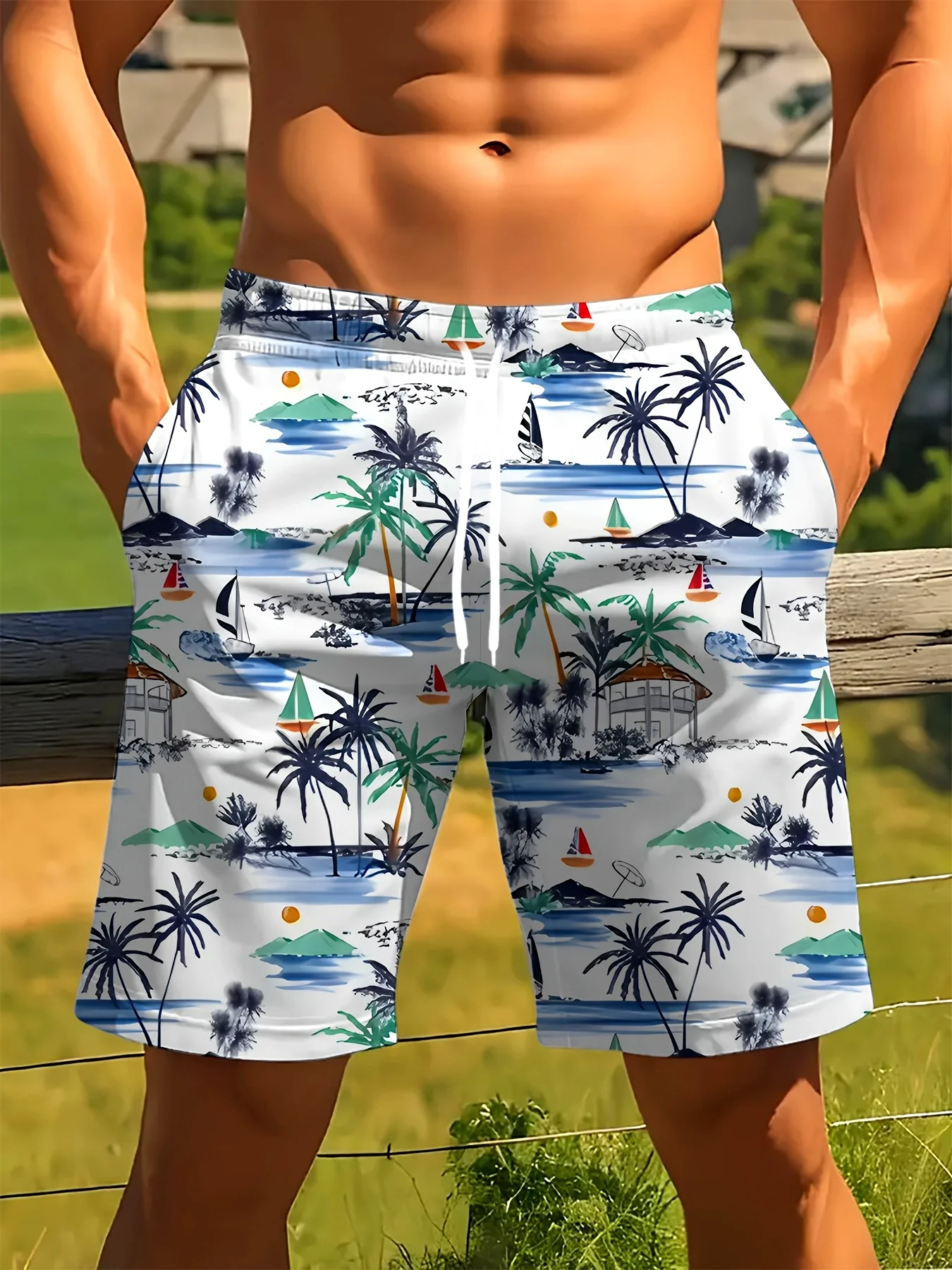 

Men's Summer Quick Dry Beach Shorts, White Tropical Island Palm Tree Sailboat Print Drawstring Casual Board Shorts with Pockets