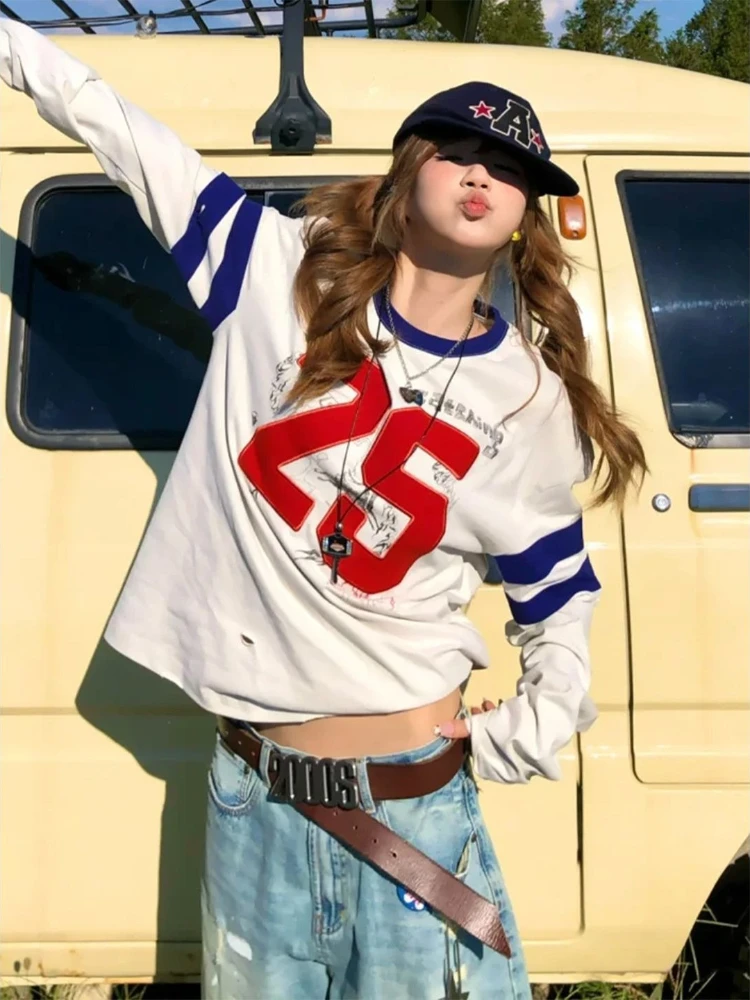 

Deeptown White Number Graphic Women Sweatshirts Y2k Long Sleeve Contrast Color American Retro Jerseys Oversized Sport Streetwear