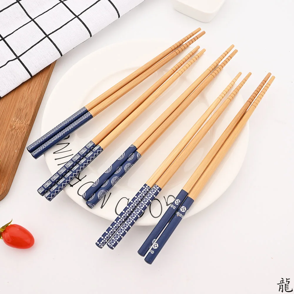 Reusable 5Pairs Tableware Handmade Bamboo Japanese Natural Wood Chopsticks Sushi Food Cat Flower Multi Color Wooden Chop Sticks