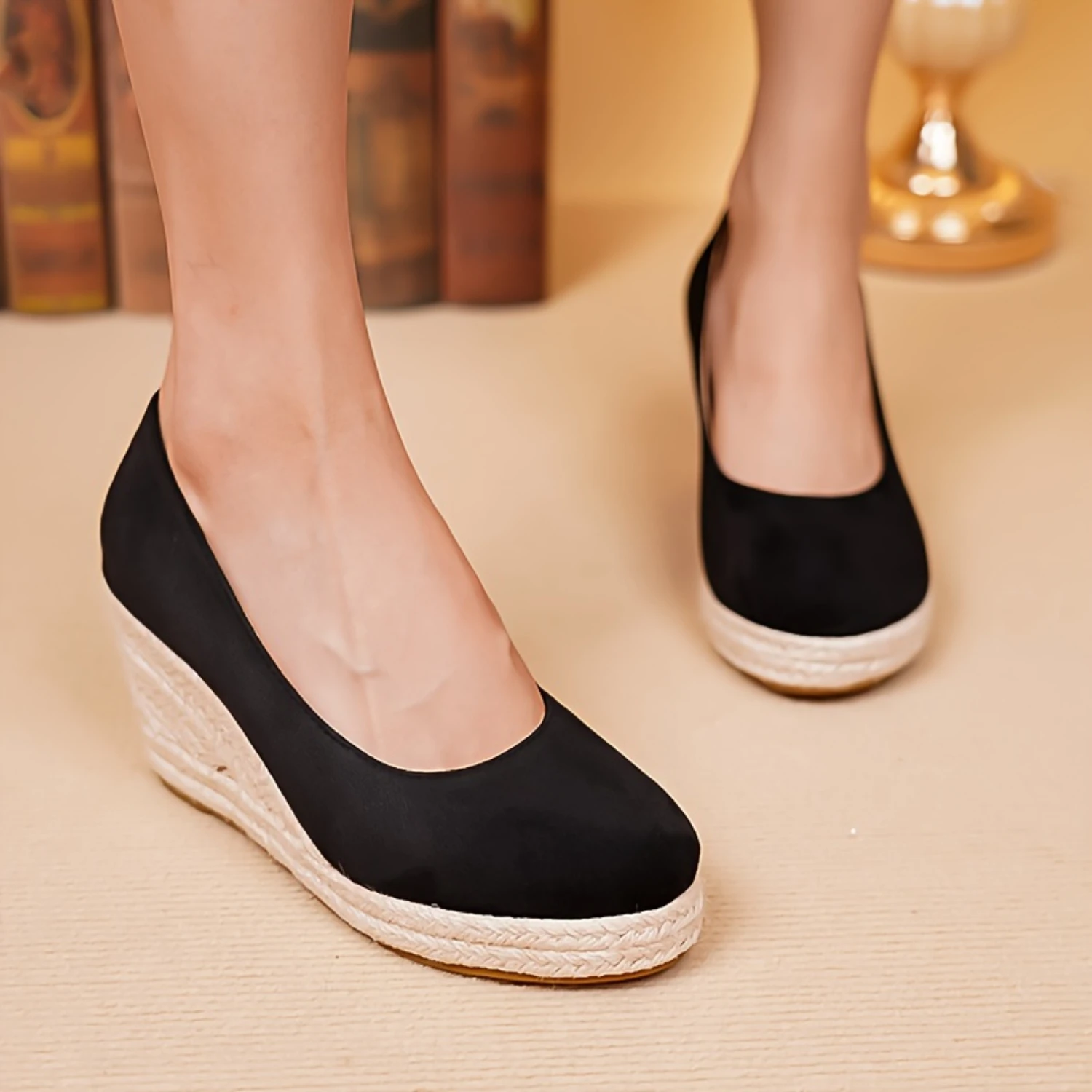 

Women's Espadrille Wedge Heels, Comfortable Round Toe Slip On Shoes, All-Match Platform Heels