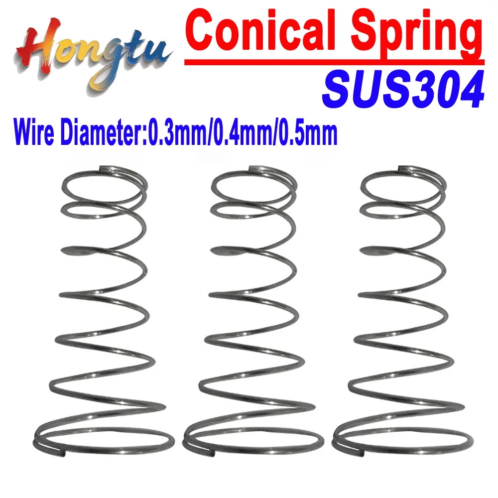 Hongtu 10Pcs SUS304 Stainless Steel Tower Spring Conical Compression Springs Wire Diameter 0.3mm 0.4mm 0.5mm Battery Springs