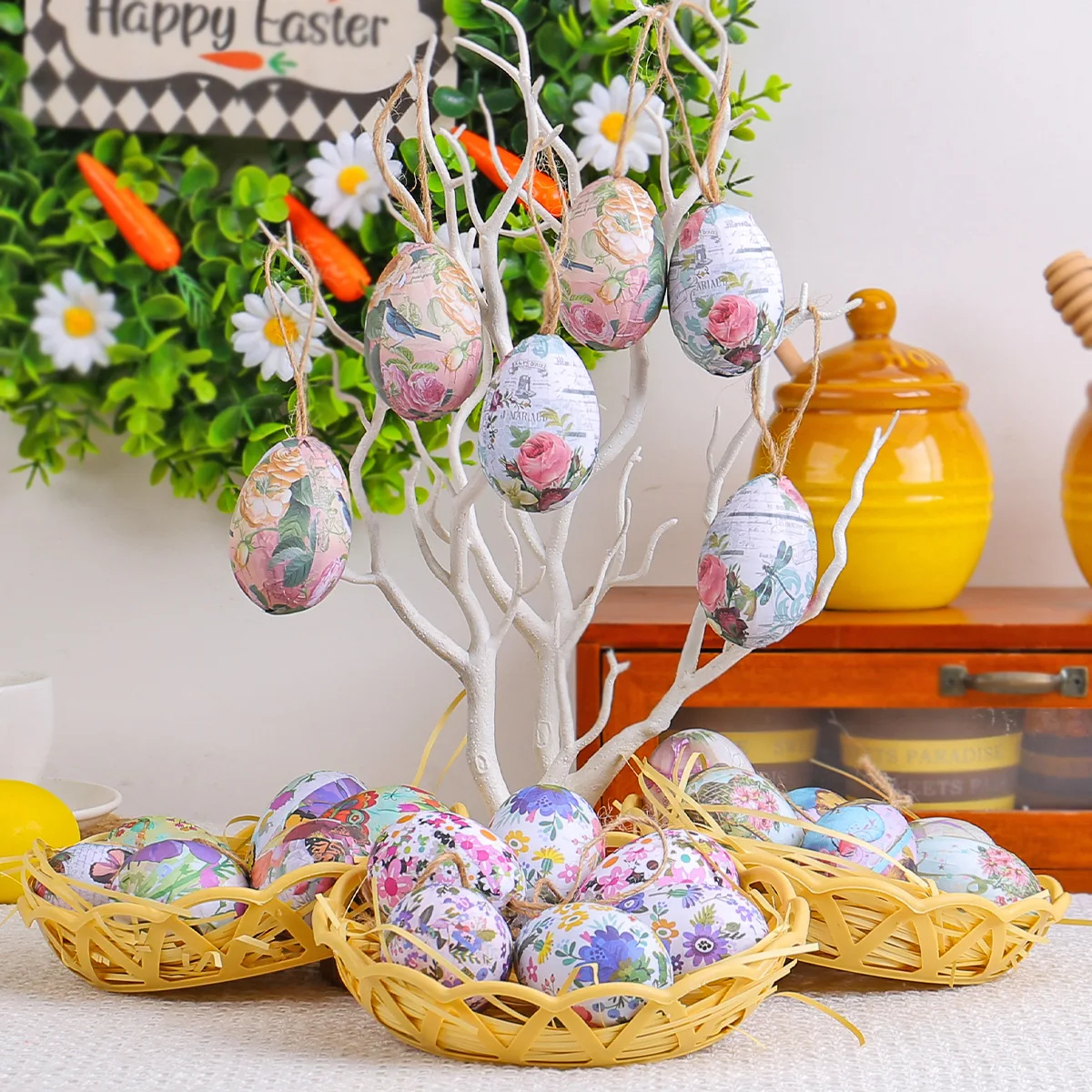 6PCS Easter Egg Hanging Decorations DIY Painting Easter Egg Pendants with Weaving Basket for Easter Party Decor Kids Gifts