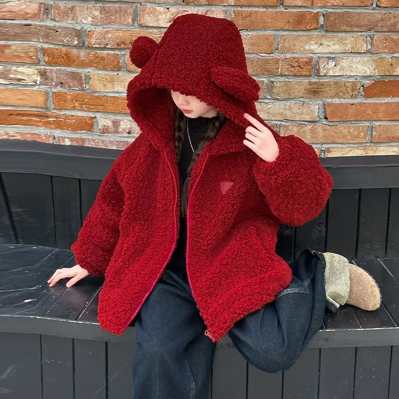 Girls Coat 2024 Winter New Childrens Clothing Girls Baby Fashion Clip Cotton Lamb Fluffy Coat Casual Simple and Daily