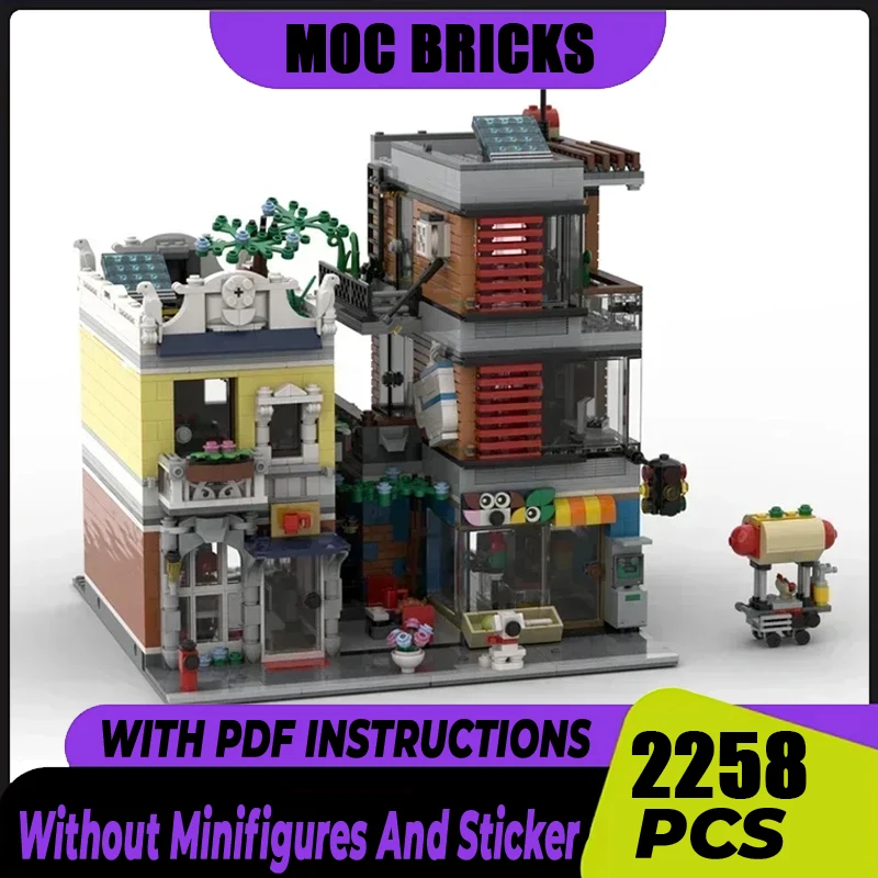 Moc Building Block Petshop and Cafe Store Model Technology Brick DIY Assembly Modular City Street View Toy Construstion Gifts